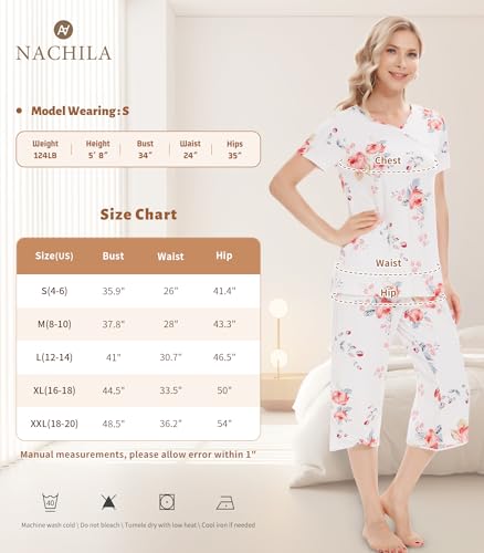 Image of NACHILA Bamboo Viscose Pajamas for Women Lace V Neck Capri Pants Pjs Set