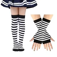 EQLEF Striped Over Knee High Socks for Girls 6-12 Years, Knee Socks Girls with Long Fingerless Gloves Girl Costume Thigh High Sock for Christmas Halloween Carnival Themed Party (Black and White)