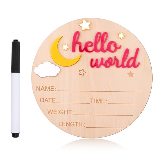 Wooden Hello World Newborn Sign, 5.8 Inch Cute Birth Announcement