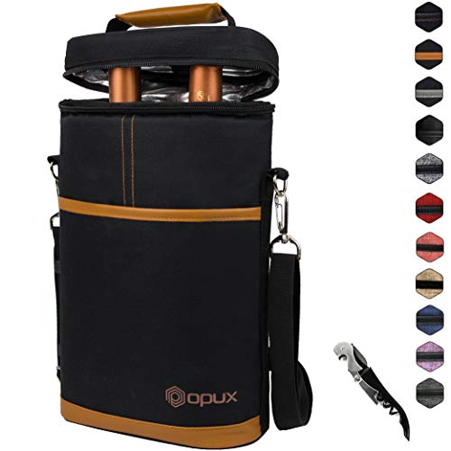 Insulated 2 Bottle Wine Carrier | Wine Tote Bag with Shoulder Strap, Padded Protection, Corkscrew Opener | Portable Wine Cooler Carrying Bag for Travel Picnic - Brown