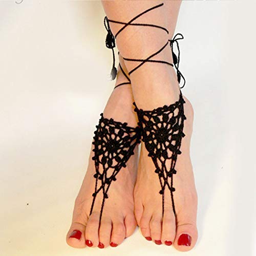 Aularso Layered Wedding Anklets Shoes Crochet Barefoot Sandals Ankle Bracelets Lace Ring Foot Chain Beach Feet Jewelry For Women And Girls (2Pcs) (Black) #TOP9