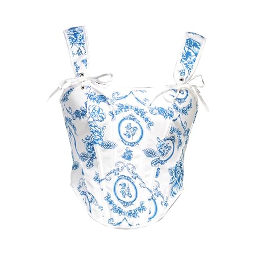 Corset Femme Halloween, Bustier Court À Demi-Couvrance, Imprimé Floral En Porcelaine Bleue Et Blanche, Fermeture À Nouer Dans Le Dos Et Bretelles Corset