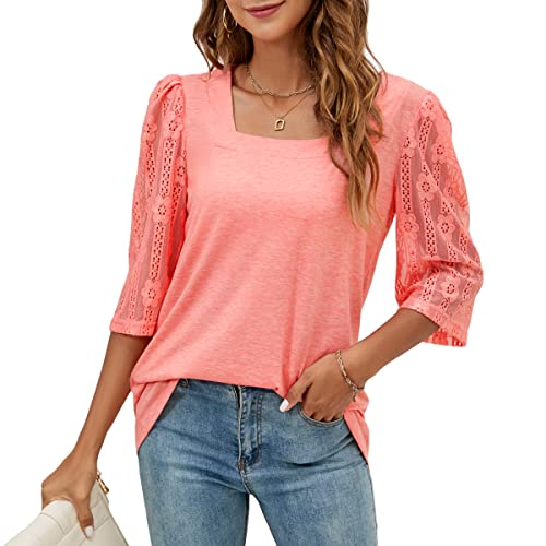 Ferriweel Women's Lace 3/4 Sleeve Square Neck T-Shirts Summer Casual Blouse Tunics Tops For Women Pink #TOP3