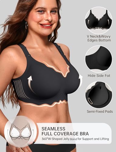 OEAK Women Jelly Bras Scalloped No Underwire Push Up Seamless Full Coverage Anti Sagging Bra Comfortable Convertible Everyday Bra Black,L