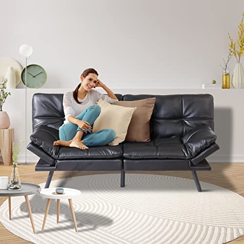 Opoiar Futon Sofa Bed,Faux Leather Convertible Sofa Bed,2 Seater Sofa Couch,Futon Couch,Memory Foam Sleeper Sofa With Quick Adjustable Armrest & Backrest For Compact Living Spaces,Black #TOP4