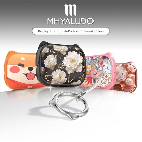 Image of for AirPods Pro 2 Case with Cleaning Kit, Cute Cat Ear Print Design & Cute Buckle for Girls, Phone Holder & Top Safe Lock Buckle Design for AirPods Pro 2nd /1st Gen case, Black Peony