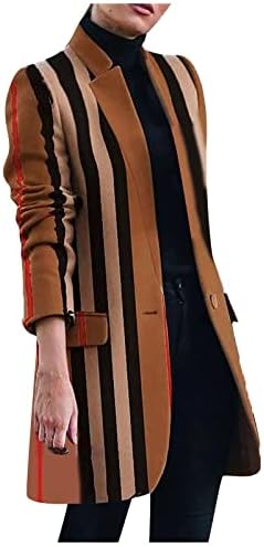 Vintage Trench Coats for Women Plus Size Long Sleeve Printed Single Breasted Stand-up Collar Open Front Cardigan Fashion Elegant Casual Tweed Loose Jacket Outerwear with Pockets(Khaki,XX-Large)