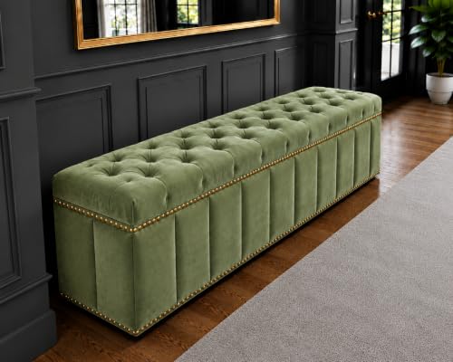 Image of Tufted Velvet Storage Ottoman Bench with Nailhead Trim (Green) | Storage Ottoman bench