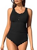 Summer Mae Ribbed One Piece Swimsuits for Women Button up Swimwear Tummy Control Retro Bathing Suits Plain Black Large