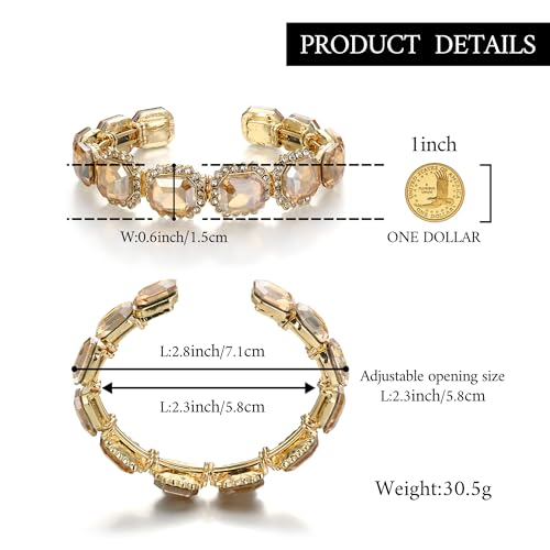 BriLove Large Statement Bangle Bracelet for Women Multi Emerald Cut Crystal Open Cuff Stretch Jewelry Champagne by BriLove - Image 6