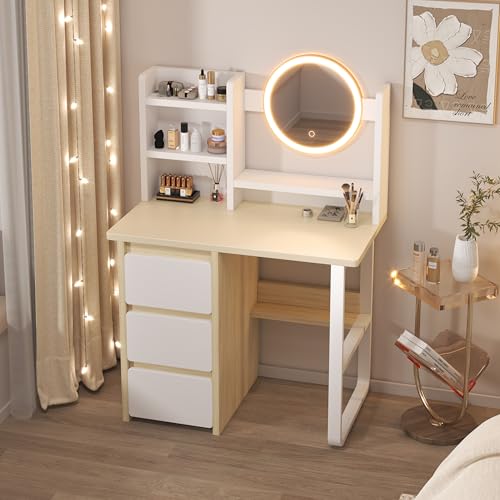 AZRACDEBRO Vanity Desk with 3 Colours LED Mirror, Modern White Broad-top Makeup Desk, Study Table Computer Desk and Dressing Table 3 in 1 Table for Bedroom