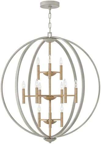 Hinkley Euclid Twelve Light Three Tier Orb Chandelier, Modern, Vintage Filament Bulbs, Cement Gray w/Brushed Gold Accents