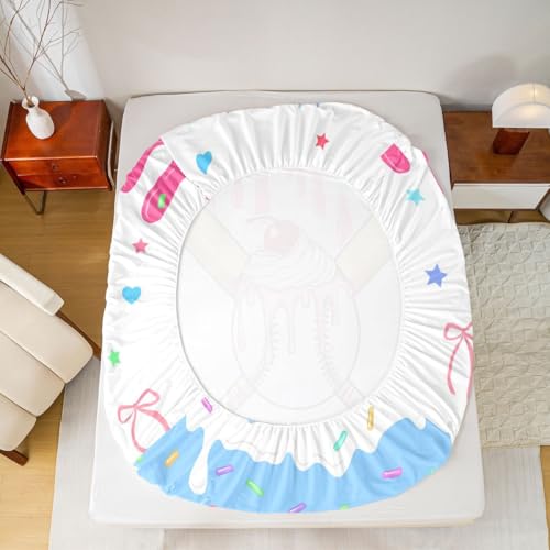 Image of Castle Fairy Baseball Cream Bed Sheets Queen Size,Ball Gaming Sweet Bowknot Bedding Set, Cute Sport Style Boys Girls Room Decor,Pink Bule White Sheet(Fitted+Flat+2 Pillowcases)