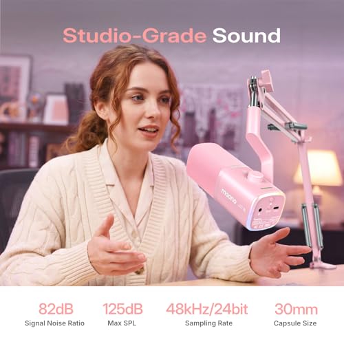 Image of MAONO PD100W Wireless USB Dynamic Microphone, Gaming PC Mic with One-Click Noise Reduction,Mute Button,Custom RGB,3.5mm Headphone Jack,Software,Podcast Streaming Mic (Boom Arm(USB-C Receiver), Pink)