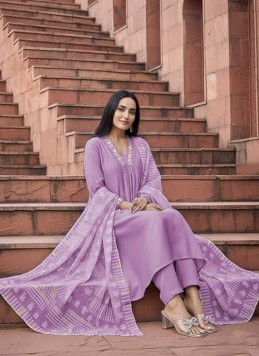 Image of SHIENZY Women's Embroidered Kurta Pant Set with Dupatta | Straight Kurta Set for Women | Ethnic Kurta Set for Women, Traditional Indian Kurta Pant Dupatta Set