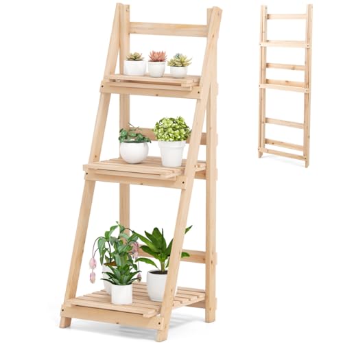 Image of TANGZON Wooden Folding Plant Stand, 3 Tier Flower Planter Ladder Display Rack, Indoor Outdoor Plant Pots Holder for Home, Garden, Backyard & Balcony (Natural, 41 x 41 x 108cm)
