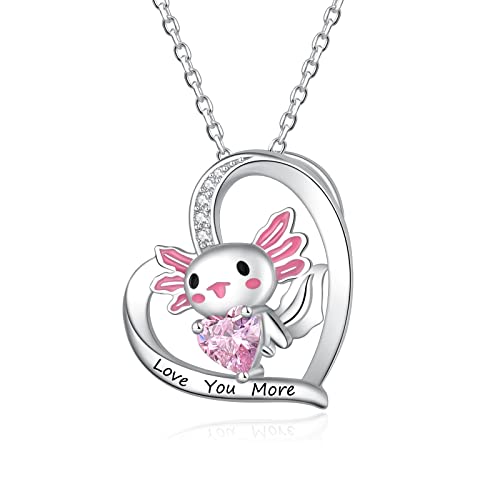 JXJL Cute Crystal Heart Axolotl Necklace Lovely Mexican Salamander Pendant S925 Sterling Silver Jewelry Gift for Daughter Wife Xmas Valentine's Day