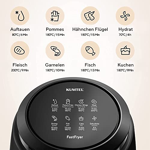 KUMTEL 5,5 l XL digitale airfryer 1500 W met 8 vooraf ingestelde functies en 60 minuten timer, heteluchtfriteuse voor gezond olievrij koken, bakken, grillen, intelligente temperatuurregeling, zonder - Afbeelding 3