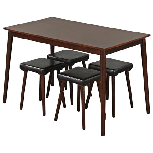Giantex 5-Piece Dining Table Set for 4 - Dining Table with 4 Upholstered Stools, Rubber Wood Legs, Space-Saving Dinette Table Set, Breakfast Nook Table Set for Living Room, Kitchen Table Chairs Set