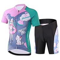 SXSHUN Kinder Jungen Radtrikot Mädchen Fahrrad Trikot Radhose mit Sitzpolster Kurzarm Radshirt Radsport Anzüge, Rosa+Grün, 152-158
