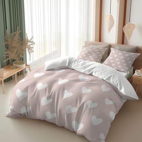 Srigzcaly Parure de Lit 1 Personne 90x190 cm, Housse de Couette Réversible Rose Pâle Motif Cœurs et Blanc, Microfibre Douce, 3 Pièces avec 2 Taies...