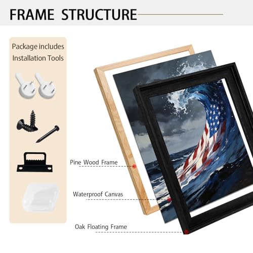 Image of American Flag Framed Canvas Wall Art, 4th of July Red White Blue Canvas Prints, USA Flag Ocean Waves Abstract Patriotic Decorations, Independence Day Wall Decor for Bedroom Living Room Office 6x8