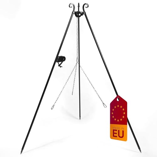CookKing Schwenkgrill Dreibein aus Stahl mit Kettenset | Schwarz | Klappbar & Handmade in Europe | Für Feuerschale oder offene Feuerstelle | Höhe 180 cm | Zubehör separat erhältlich