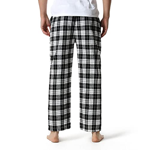 Men's Cotton Woven Pajama Pants, Plaid Trousers Lightweight Lounge Sleep Pants Pj Bottoms With Drawstring And Pockets Gray #TOP4