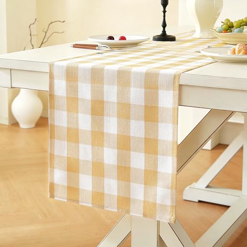 Laolitou Yellow Checkered Table Runner, Cotton Linen Gingham Table Runners, Classic Buffalo Plaid Farmhouse Table Decor, 13x90 Inches by Laolitou - Used condition - US$15.63
