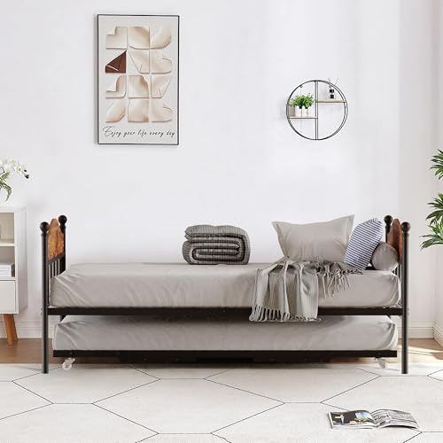 Garvee Twin Daybed with Trundle, Twin Bed Frame with Sturdy Metal Foldable Trundle, Sofa Bed with Stylish Headboard for Bedroom and Guest Room, Brown
