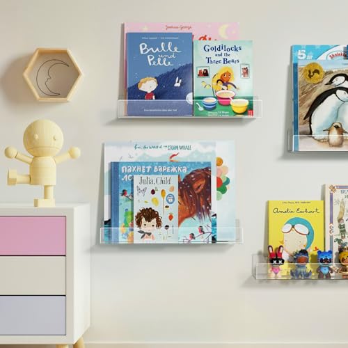 NIUBEE 16.5-Inch Acrylic Floating Bookshelves, 4-Pack, Clear Modern Wall Shelves for Child/Toddler, Invisible Ledge Book Shelves for Multi-Layer or Multi-Room Storage in Kids’ Rooms and Family Spaces