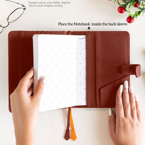Image of NEORAH - B6 Notebook SLEEVE with SNAP Button + Dotgrid JOURNAL | Faux Leather Sleeve + Penloop | 2 Front 1 Back compartment | 6 Card Slots -BROWN
