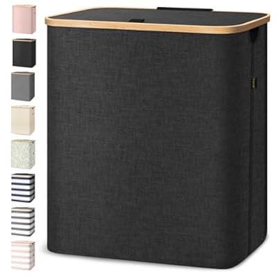 BALEINE Laundry Hamper with Lid, Tall Laundry Baskets with Bamboo Pull Handles, Large Laundry Bin with Internal Support (36 Gal/140L, Black)