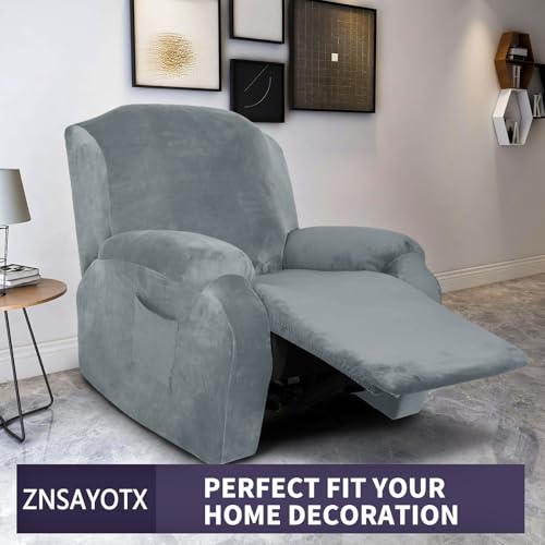 Image of ZNSAYOTX Stretch Velvet Recliner Cover 4-Pieces, Thick Soft Recliner Chair Slipcover with Pocket, Non-Slip Elastic Bottom for Kids Pets, Luxury Plush Reclining Protector Comfy Washable (Light Grey)