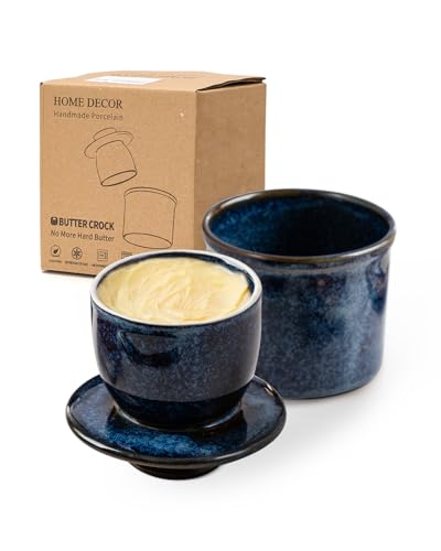 HOME DECOR Beurrier Ceramique - Conserve Le Beurre Frais et Tartinable Sans Réfrigération - Bleu Réactif
