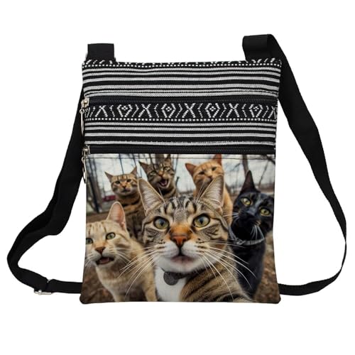 Women's Small Selfie Cats Crossbody Bag, Ethnic Pattern, Polyester, Zipper Closure, Adjustable Strap, 2 Pockets, Cat Lovers, Adults, Small Frame