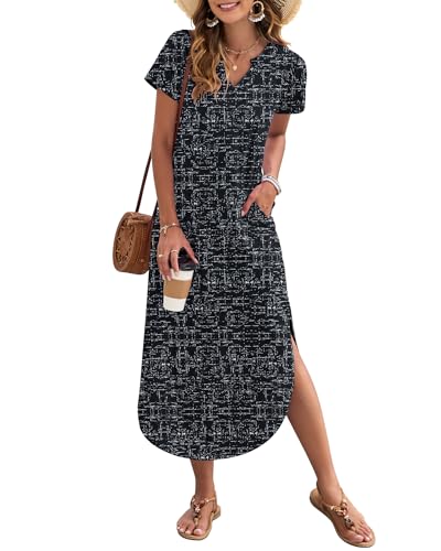 Image of MISFAY Women's Summer Maxi Dress 2026 Casual Short Sleeves V Neck Loose Sundress Split Long Beach T Shirt Dress