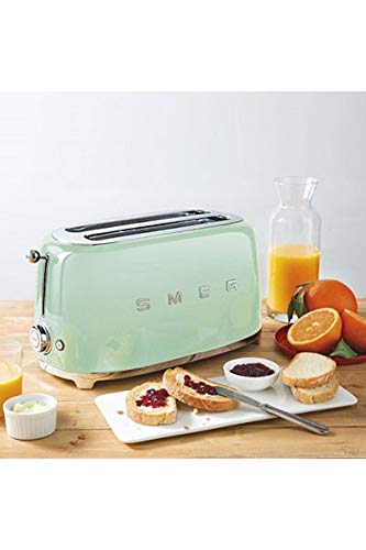 Smeg, Grille-pain 4 Tranches TSF02PGEU, 2 Fentes 36 mm, 6 Niveaux de Brunissage, Fonction Chauffage, Décongélation et Bagel, Éjection Automatique du Pain, Ramasse Miettes, 1500 W, Vert Pastel