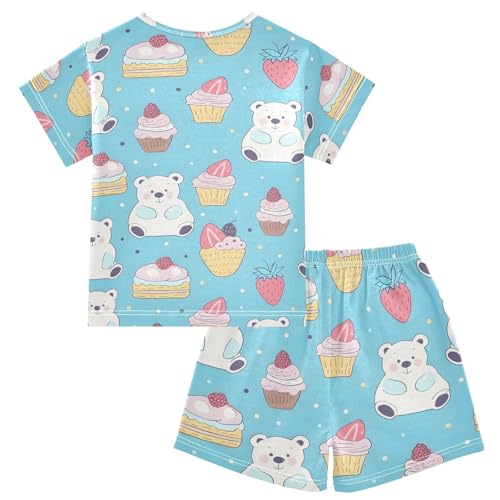 ALAZA Cartoon Bear Cupcake Strawberry Pajamas Short Sleeve 2 Piece Sleepwear Top and Bottom Pajama Set Unisex2