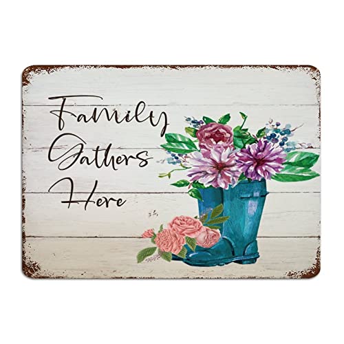 Family Gathers Here Watercolor Floral In Mason Jar Decorative Metal Tin Sign Funny Novelty House Signs Abstract Flower Painting Wall Decor Aluminum Metal Sign For Indoor Bedroom Front Door 10X14 #TOP7