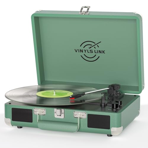 Vinyl Record Player with Built-in Speakers Treble & Bass Gain Vintage Bluetooth Turntable 3-Speed Portable Suitcase LP Player AUX-in RCA Headphone Out, Forest Green