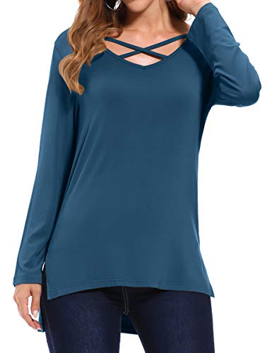 HAPYWER - Camiseta de Manga Larga para Mujer con Cuello en V Acero Azul. M Cover