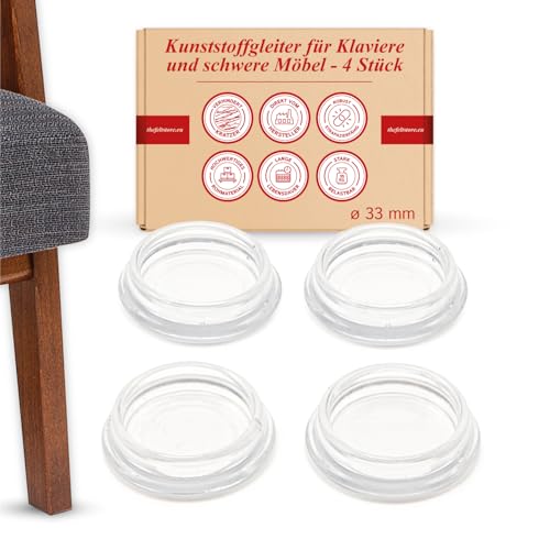 K.D.J. Brand Juego de 4 posavasos para piano, redondos, transparentes, 33 mm de diámetro interior, protector de suelo para piano, cristal transparente, fabricado en Alemania