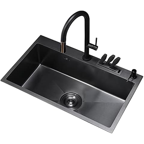 ATUM HOME 75 x 45 cm Black Single Bowl Large Size Undermount Kitchen Sink,Inset Rectangular Deep Stainless Steel Kitchen Sink with Strainer Waste Kits Cover