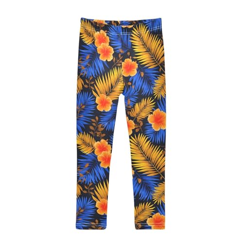 Hibiscus Flowers Palm Leaves Girls Leggings Soft Stretch Workout Yoga Dance Pants for Kids Casual Tights