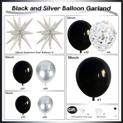 Image of Black and Silver Balloon Garland Arch Kit with 3pcs Star Balloons, Silver and Black Balloon Confetti Latex Balloons for Birthday Wedding Graduation Baby Shower Disco Anniversary Party Decorations