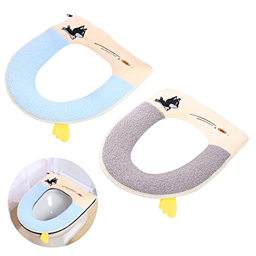 Jodsen 2 Stück Toilettensitzkissen, Cartoon-Toilettensitzbezüge mit Griff, Reißverschluss, weiche Plüsch-Toilettensitzmatte, waschbar für Winter-Badezimmer, ovale Toilettensitze