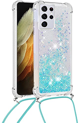 Funda con Cuerda para Samsung Galaxy S21 Ultra 5G, Carcasa Brillante Glitter Transparente TPU Silicona Protección Case con Ajustable Correa de Cuello Cadena Cordón, Caso de Arena movediza in Azul Cover