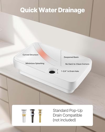 VEVOR Semi Recessed Bathroom Sink, 19.29 x 12.01 Inch Rectangular White Ceramic Vessel Sink with 1-3/4 Inch Drain Hole, Drop in Modern Lavatory Vanity Bath Wash Bowl Basin, Rectangle for Small Space - Thumbnail 4