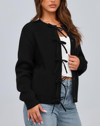 BTFBM Bow Cropped Cardigan Sweaters for Women 2026 Fall Winter Open Front Sweater Long Sleeve Button Fashion Spring Clothes(Black, Small) — view 6